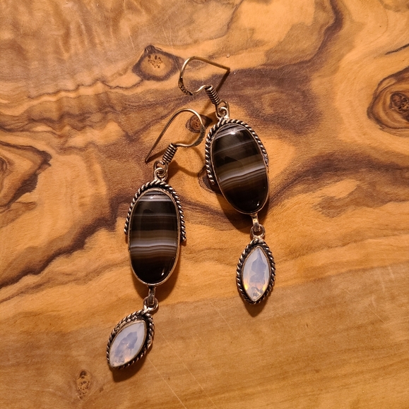 Gemstone silver earrings Botswana agate and opalite - Picture 2 of 7